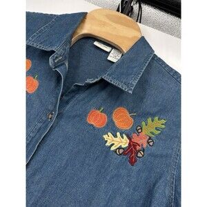 Vintage Cherokee button up denim shirt Flowers granny top embroidery size 22W‎